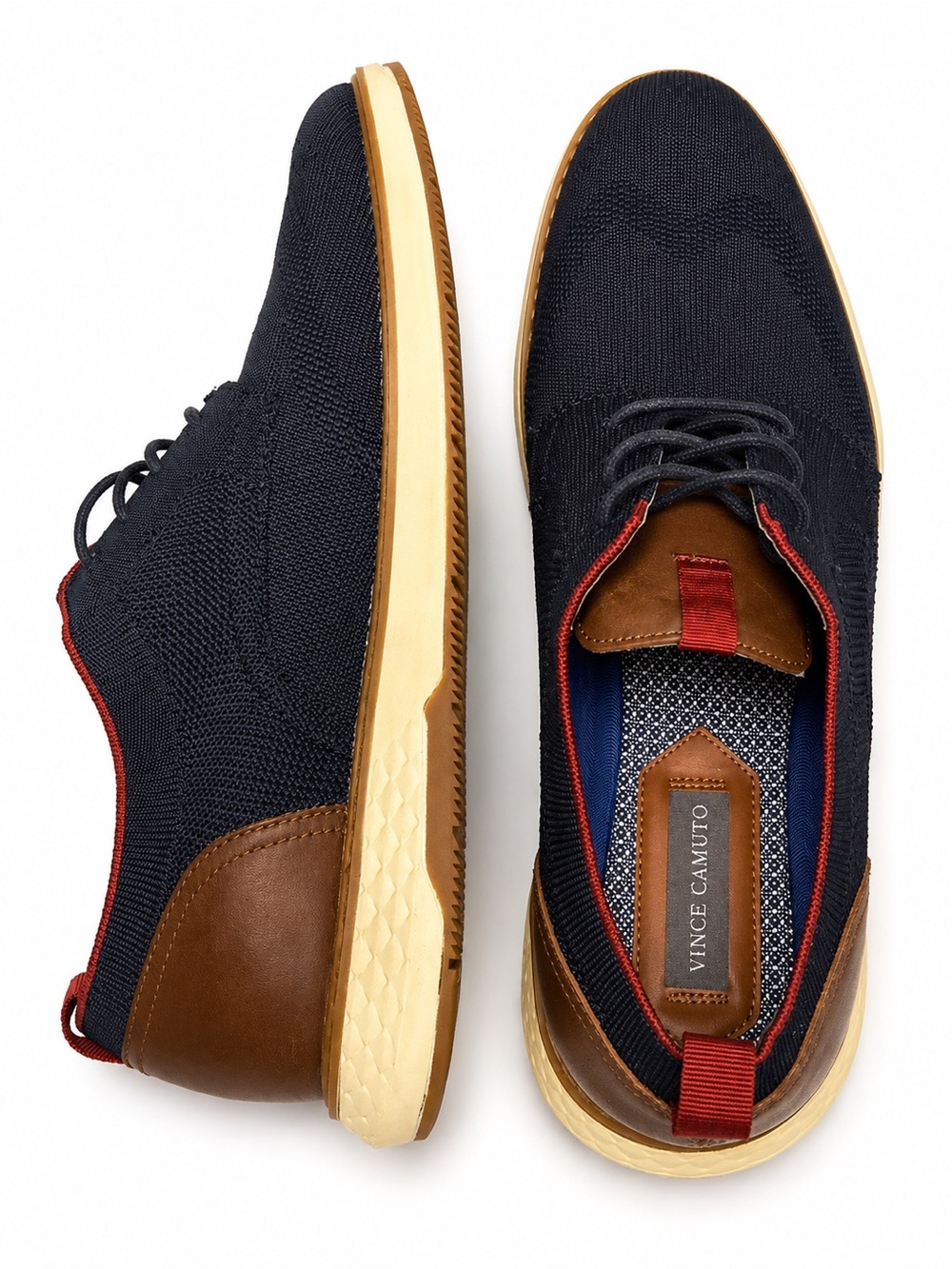 Vince Camuto Navy Knit and Brown Leather Casual Oxfords with Red Trim